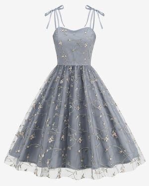 Vintage Dress Gray 1950s Audrey Hepburn Style Embroidered Sleeveless Straps Neck Medium Swing Dress