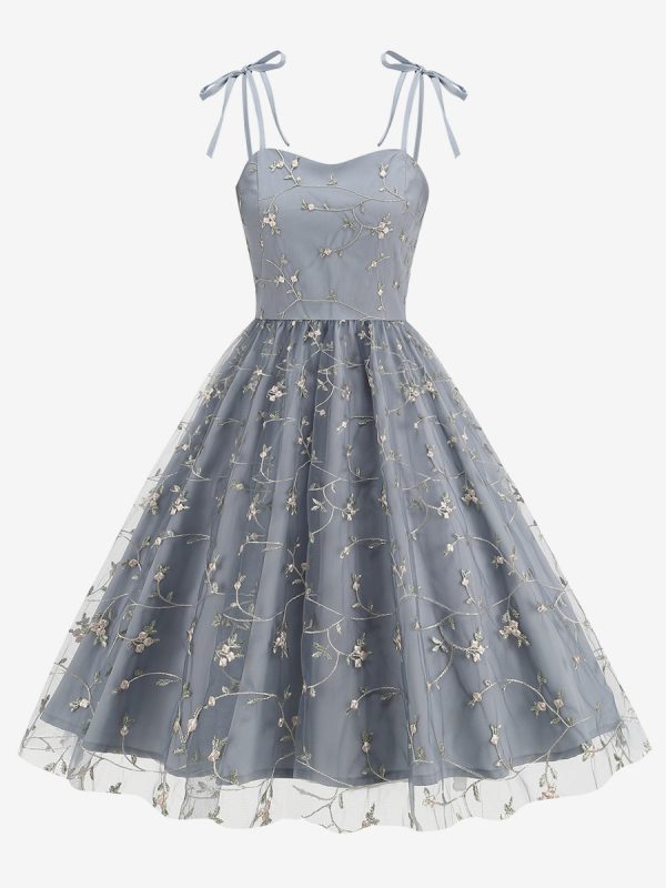 Vintage Dress Gray 1950s Audrey Hepburn Style Embroidered Sleeveless Straps Neck Medium Swing Dress