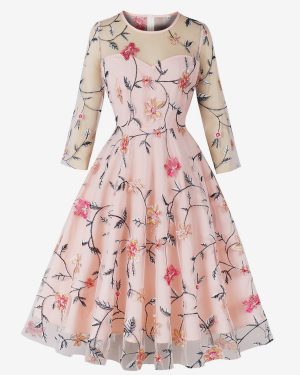 Vintage Dress Jewel Neck Embroidered 1950s Audrey Hepburn Style Long Sleeves Medium Pink Swing Dress