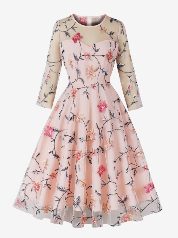 Vintage Dress Jewel Neck Embroidered 1950s Audrey Hepburn Style Long Sleeves Medium Pink Swing Dress