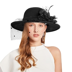Vintage Fedora Bucket Hat with Removable Mesh Flowers Feathers Elegant Ladies Bowler Hat Winter Warm Wide Brim Church Derby Hat for Wedding Race Banquet