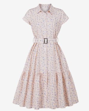 Vintage Floral Print Shirt Dress With Belted Waist For Summer 2025