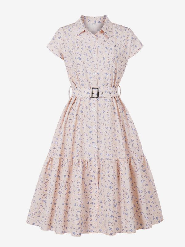 Vintage Floral Print Shirt Dress With Belted Waist For Summer 2025