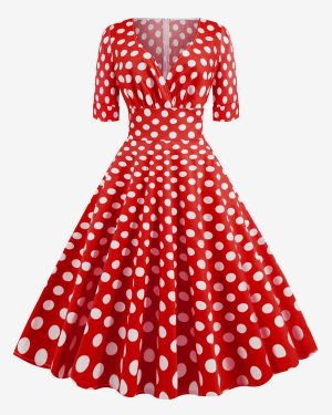 Vintage Glamour Dress 1950s Audrey Hepburn Style Red Polka Dot Short Sleeves V-Neck Swing Dress
