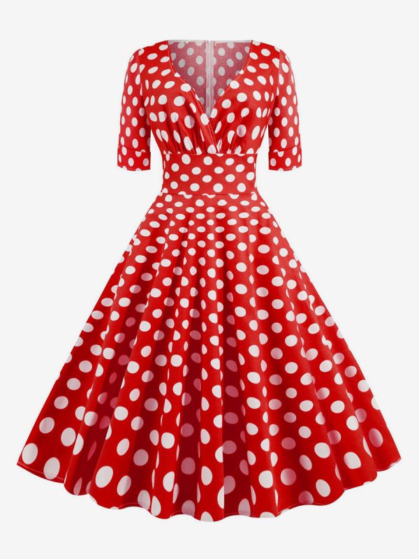 Vintage Glamour Dress 1950s Audrey Hepburn Style Red Polka Dot Short Sleeves V-Neck Swing Dress