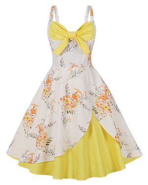 Vintage Glamour Dress 1950s Audrey Hepburn Style Sleeveless Woman Knee Length Floral Print Swing Dress