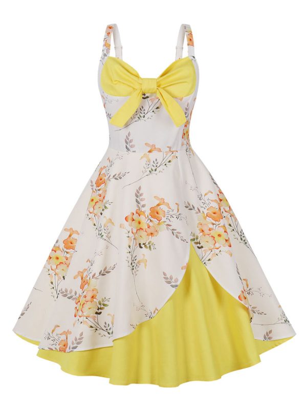 Vintage Glamour Dress 1950s Audrey Hepburn Style Sleeveless Woman Knee Length Floral Print Swing Dress