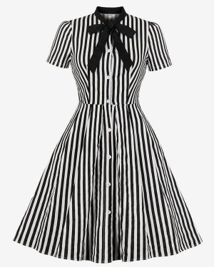 Vintage Glamour Dress 1950s Stripe Bow Tie Short Sleeves Women Swing Retro Dress