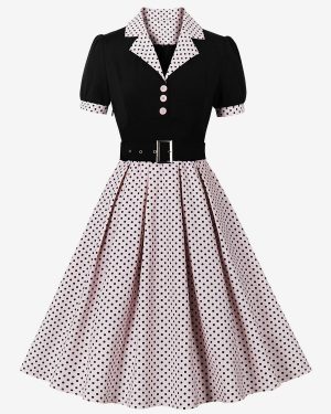 Vintage Glamour Dress Pink Polka Dot 1950s Audrey Hepburn Style Sash Short Sleeves V-Neck Knee Length Swing Dress