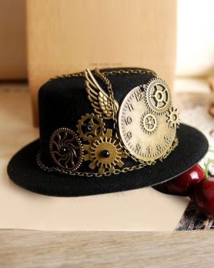 Vintage Lolita Hat Black Steampunk Wing Gear Chains Deco Retro Lolita Cap
