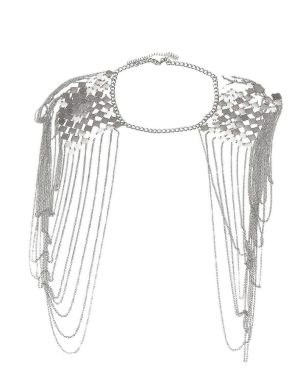 Vintage Punk Harness Bikini Body Link Epaulet Shoulder Chain Necklace Collar Dangling Tassel Silver