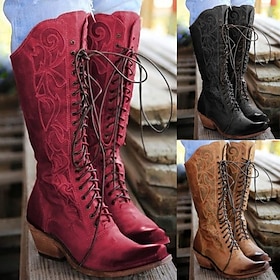 Vintage Red Lace-Up Western Cowboy Boots - Women's Knee-High Leather Boots for Country and Western Events