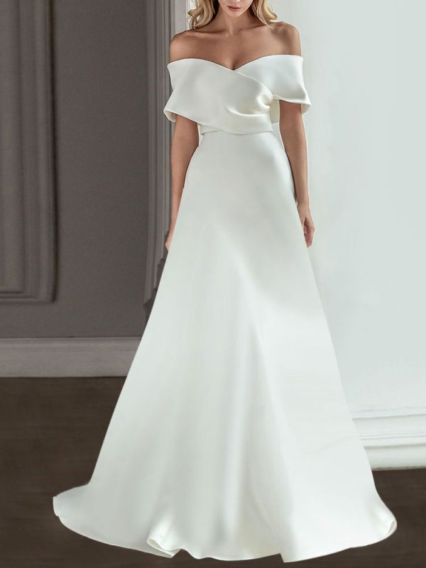 Vintage Wedding Dresses Off-The-Shoulder Short Sleeves Satin Fabric With Train Bridal Dress Free Customization