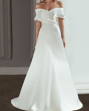 Vintage Wedding Dresses Off-The-Shoulder Short Sleeves Satin Fabric With Train Bridal Dress Free Customization
