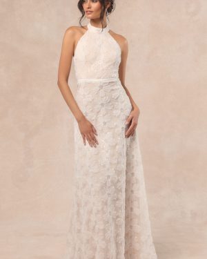 Violeta White and Beige Sequin Floral Maxi Dress