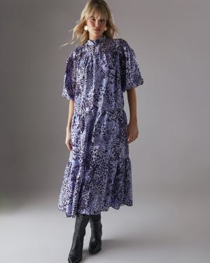 WAREHOUSE Organza High Neck Tier Midi Smock Dress