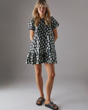 WAREHOUSE Organza Puff Sleeve Swing Mini Dress