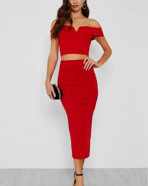 WalG Bardot Top And Skirt Set Red-6
