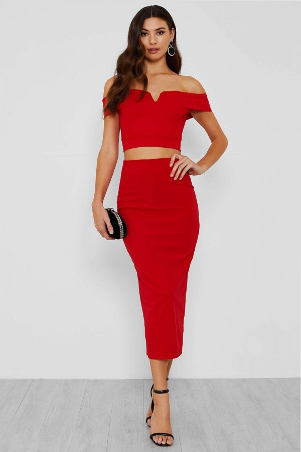 WalG Bardot Top And Skirt Set Red-6