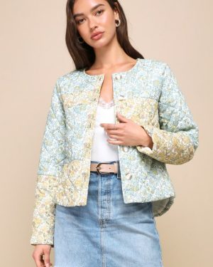 Warmest Darling Blue and Yellow Floral Print Quilted Jacket