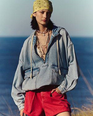 We The Free Casey Denim Pullover Jacket at Free People in Duster Blue, Size: XS