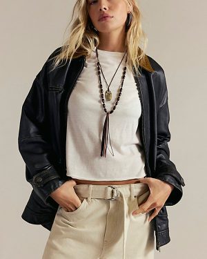 We The Free Easy That Leather Jacket at Free People in Black And Camel Combo, Size: XS