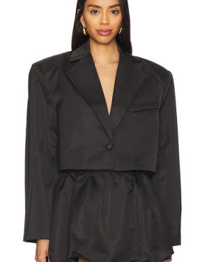 WeWoreWhat Cropped Satin Blazer in Black. Size M, S, XL, XS.