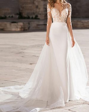 Wedding Dress V Neck Long Sleeve Sheath Floor Length Lace Beaded Bridal Gowns With Tulle Court Train