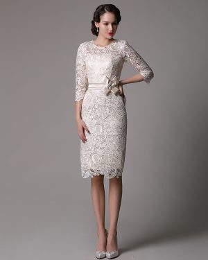 Wedding Guest Dresses Lace Sheath Champagne Cocktail Dress Knee Length Half Sleeves Mother Dress With Satin Belt Free Customization