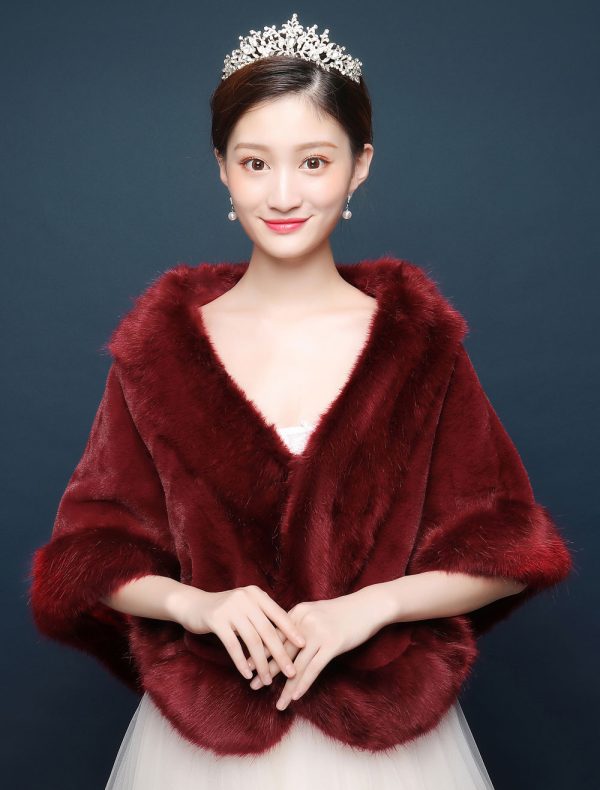 Wedding Wrap Faux Fur Shawl Burgundy Jacket Bridal Winter Cover Ups