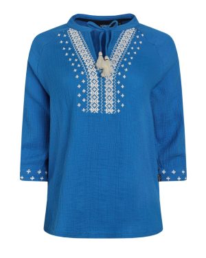 Weird Fish Adalia Organic Cotton Embroidered Double Cloth Blouse Adriatic Blue Size 10