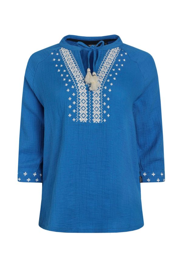 Weird Fish Adalia Organic Cotton Embroidered Double Cloth Blouse Adriatic Blue Size 10