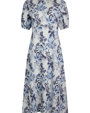 Weird Fish Delanie Linen Rich Printed Tea Dress Estate blue Size 10
