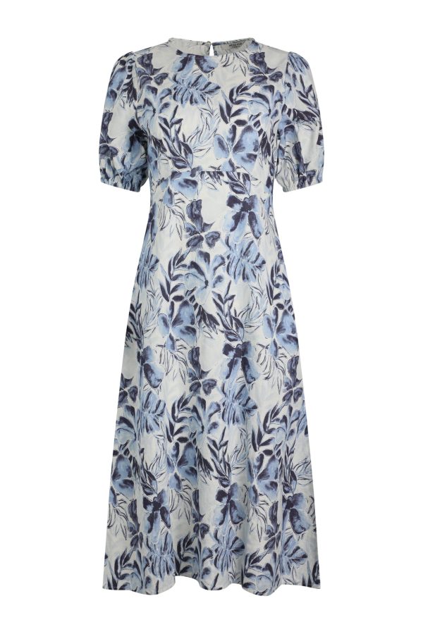 Weird Fish Delanie Linen Rich Printed Tea Dress Estate blue Size 10