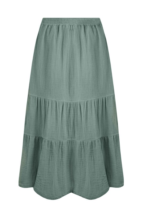 Weird Fish Lathika Organic Cotton Tiered Midi Skirt Army Green Size 16