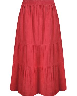 Weird Fish Lathika Organic Cotton Tiered Midi Skirt Crimson Size 10