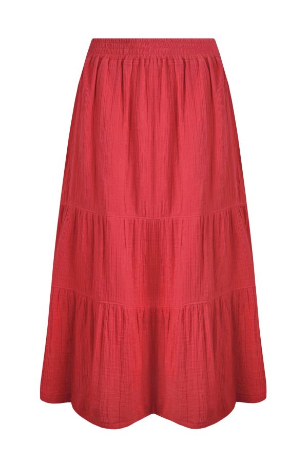Weird Fish Lathika Organic Cotton Tiered Midi Skirt Crimson Size 10