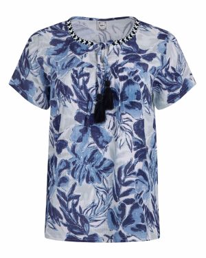 Weird Fish Sofia Organic Cotton Printed Double Cloth Blouse Estate blue Size 10