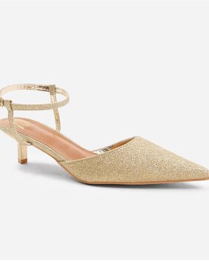 Wheres That From Malta Low Kitten Heels With Pointed Toe And Ankle - GoldFineGlitter