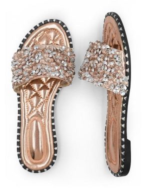Wheres That From Rose Gold Belle Diamante Sparkly Flat Sliders - RoseGold