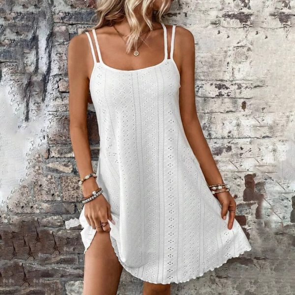 (White, 2XL = 14) Womens Hollow Out Strappy Mini Dress Ladies Summer Holiday Beach Swing Sundress