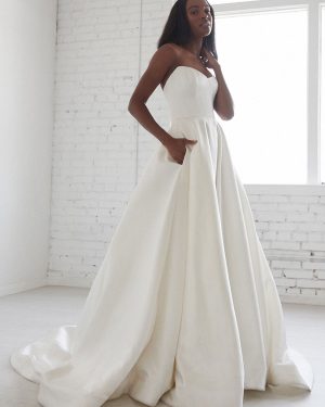 White A-Line Wedding Dresses With Train Sleeveless Pockets Strapless Backless Satin Fabric Bridal Dresses