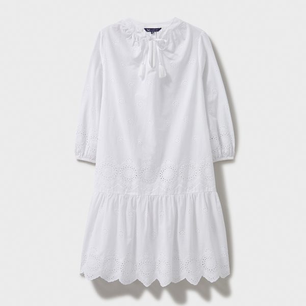 White Blouson Broderie Mini Dress