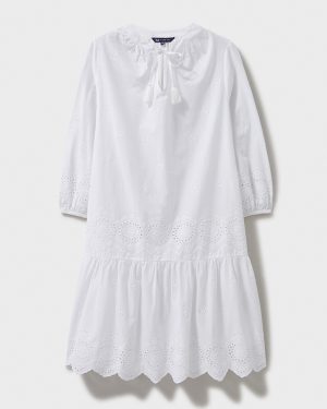 White Blouson Broderie Mini Dress