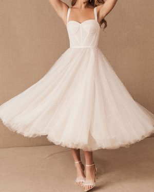 White Bridal Short Dress T-Length A-Line Sweetheart Pearls Spaghetti Straps Tea Length Dress