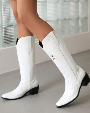 White Cowboy Boots Pointed Toe Puppy Heel Mid Calf Boots For Women