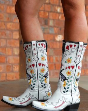 White Cowboy Boots Women Pointed Toe Flowers Embroidered Western Boots