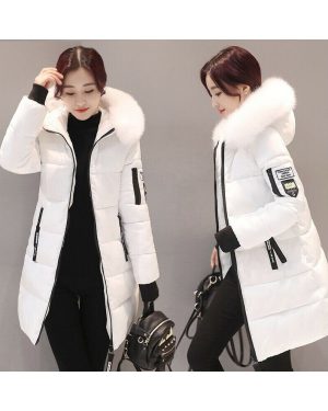 (White, L) Winter Women Warm Long Jacket Fur Hooded Parka Ladies Collar Outwear Coat