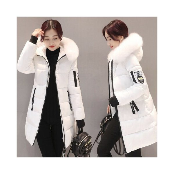 (White, L) Winter Women Warm Long Jacket Fur Hooded Parka Ladies Collar Outwear Coat