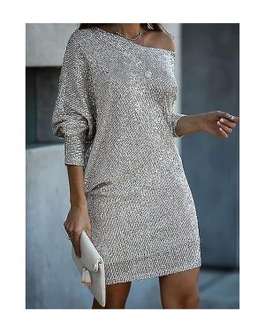 (White, L) Women's Party Dress Sequin Dress Holiday Dress Shift Dress Short Mini Dress White Black Gold Long Sleeve Pure Color Sequins Fall Spring One
